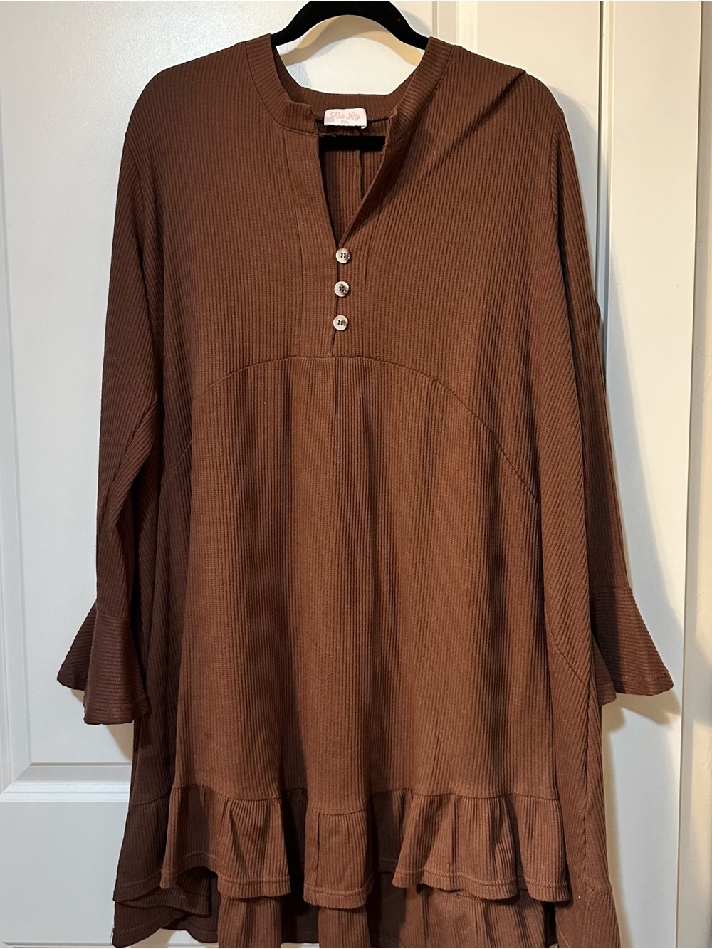 Brown Ribbed Ruffle-Hem Dress - Women